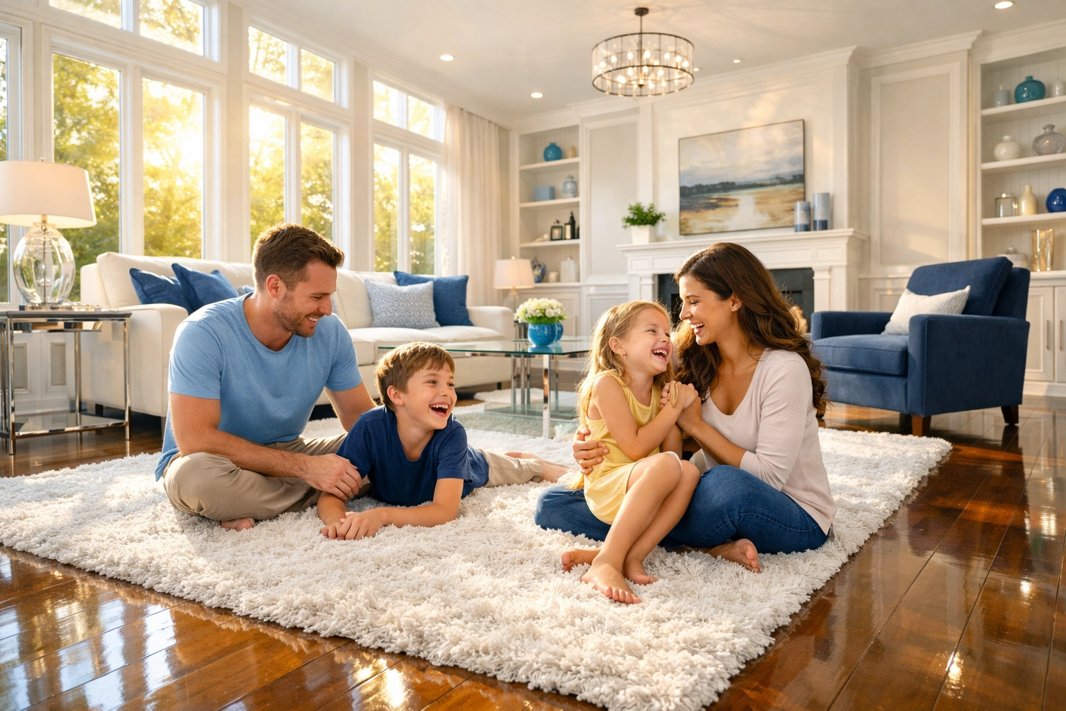 Family relaxing in a spotless living room after a comprehensive deep cleaning MA service.