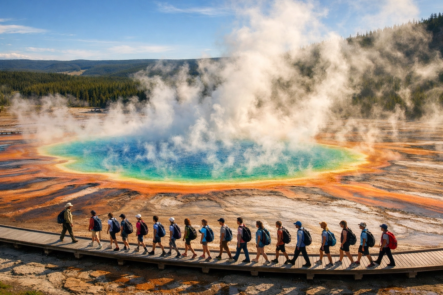 Students safely exploring geothermal features at Grand Prismatic Spring during a Yellowstone science expedition.
