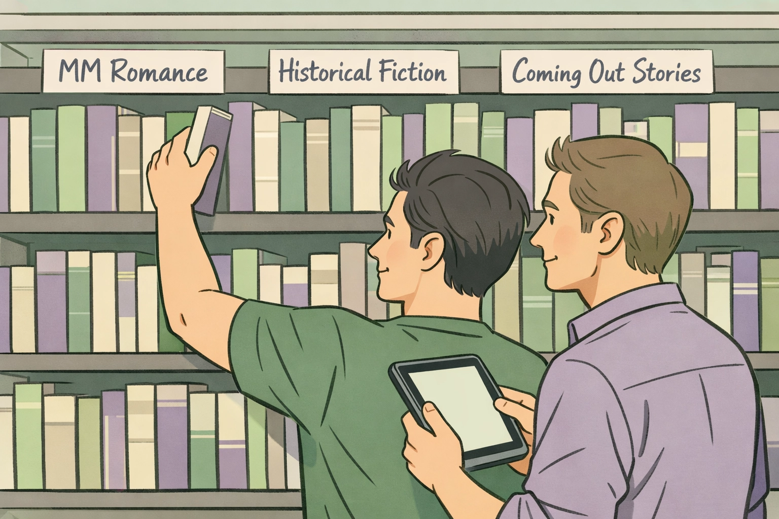 Two men organizing categorized LGBTQ+ home library with MM romance and gay fiction sections
