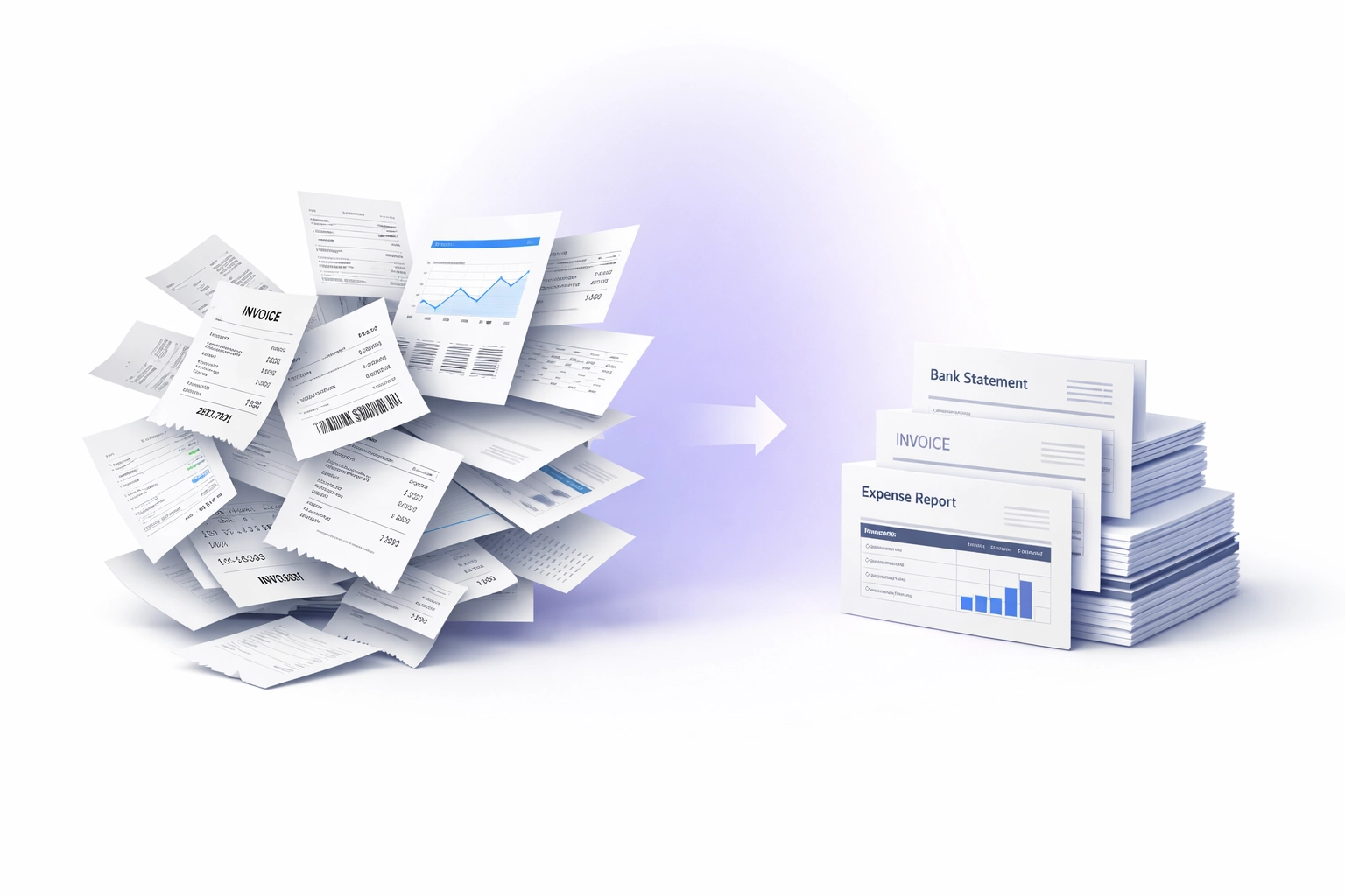 Financial documents and receipts organized from chaotic to neat stacks showing bookkeeping cleanup process