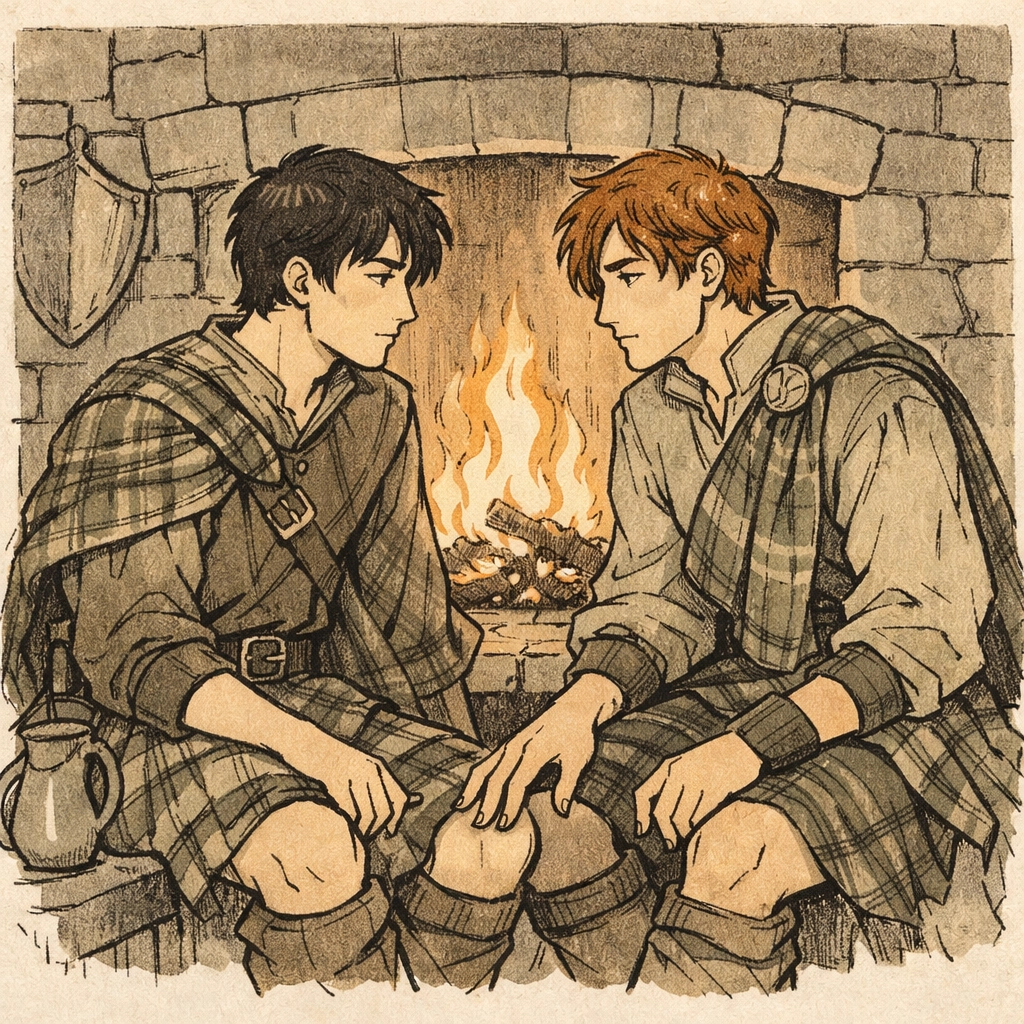 Medieval Scottish step-brothers sit by castle fireplace in intimate moment, hands nearly touching