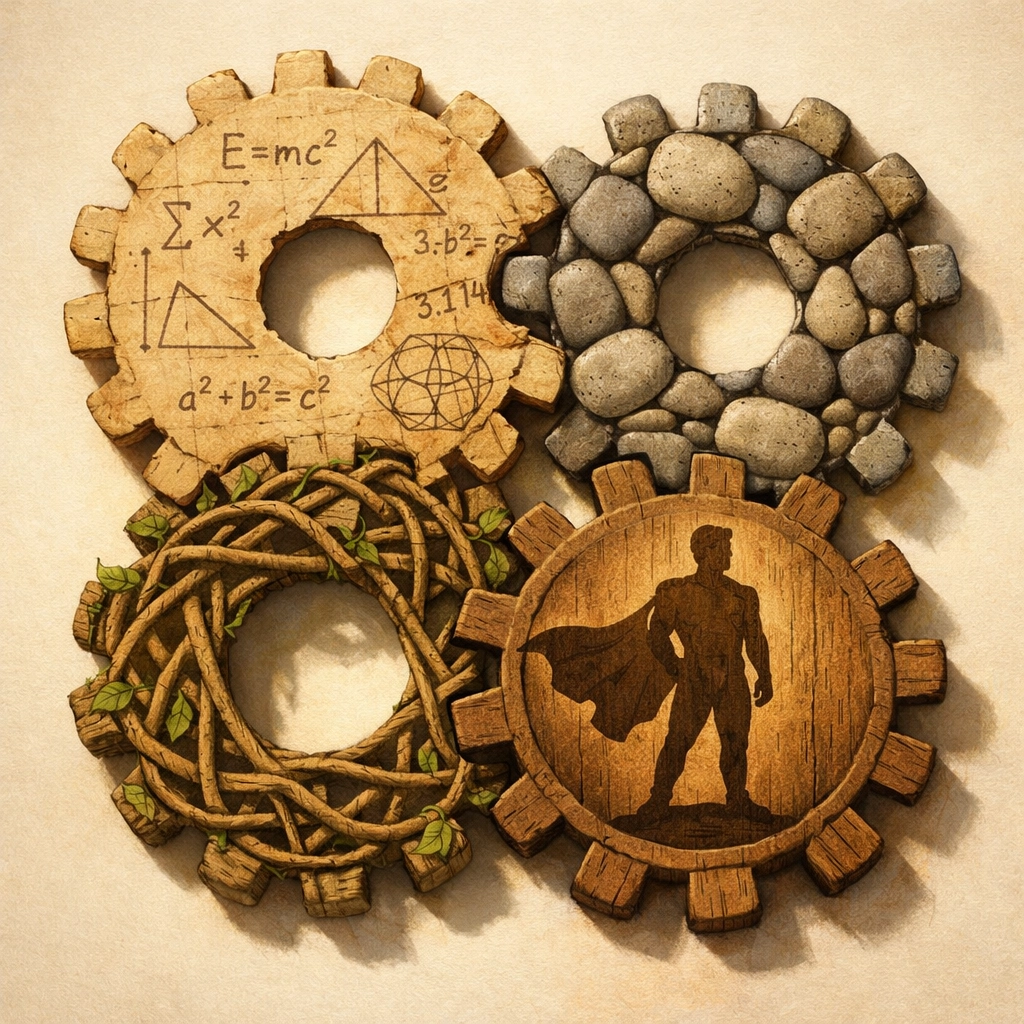 Four interconnected gears representing Table Atoms domains in game-based learning