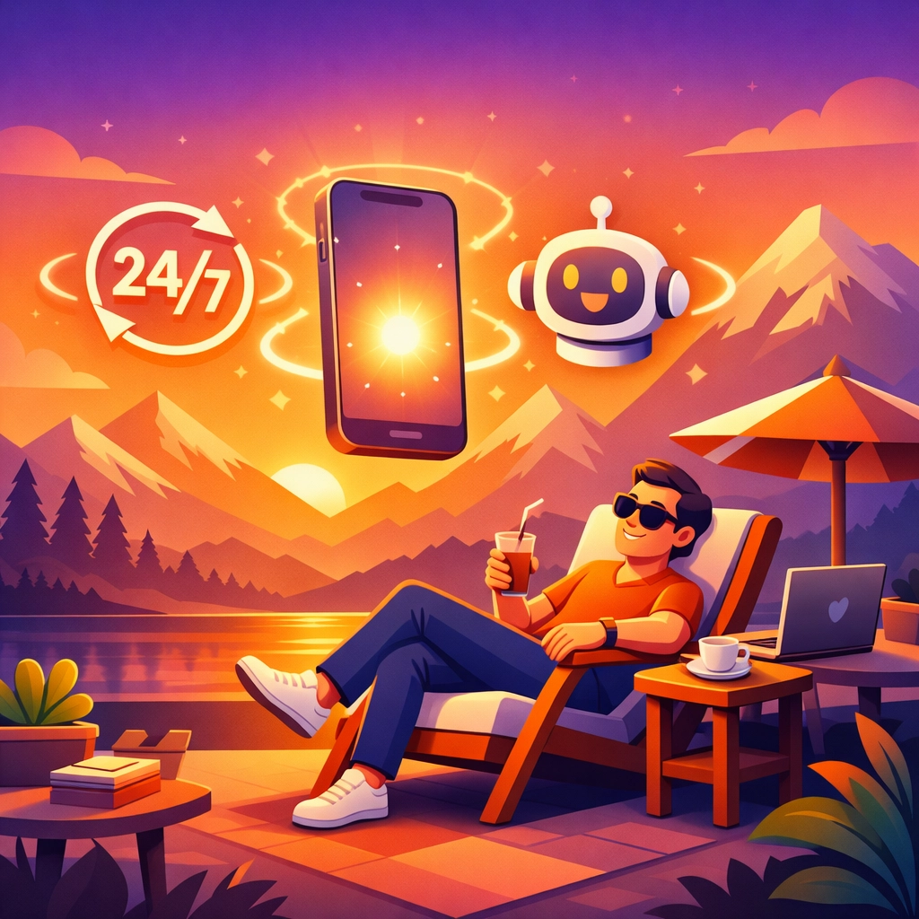 Business owner off-duty while a 24/7 AI dispatcher automates customer engagement and bookings.