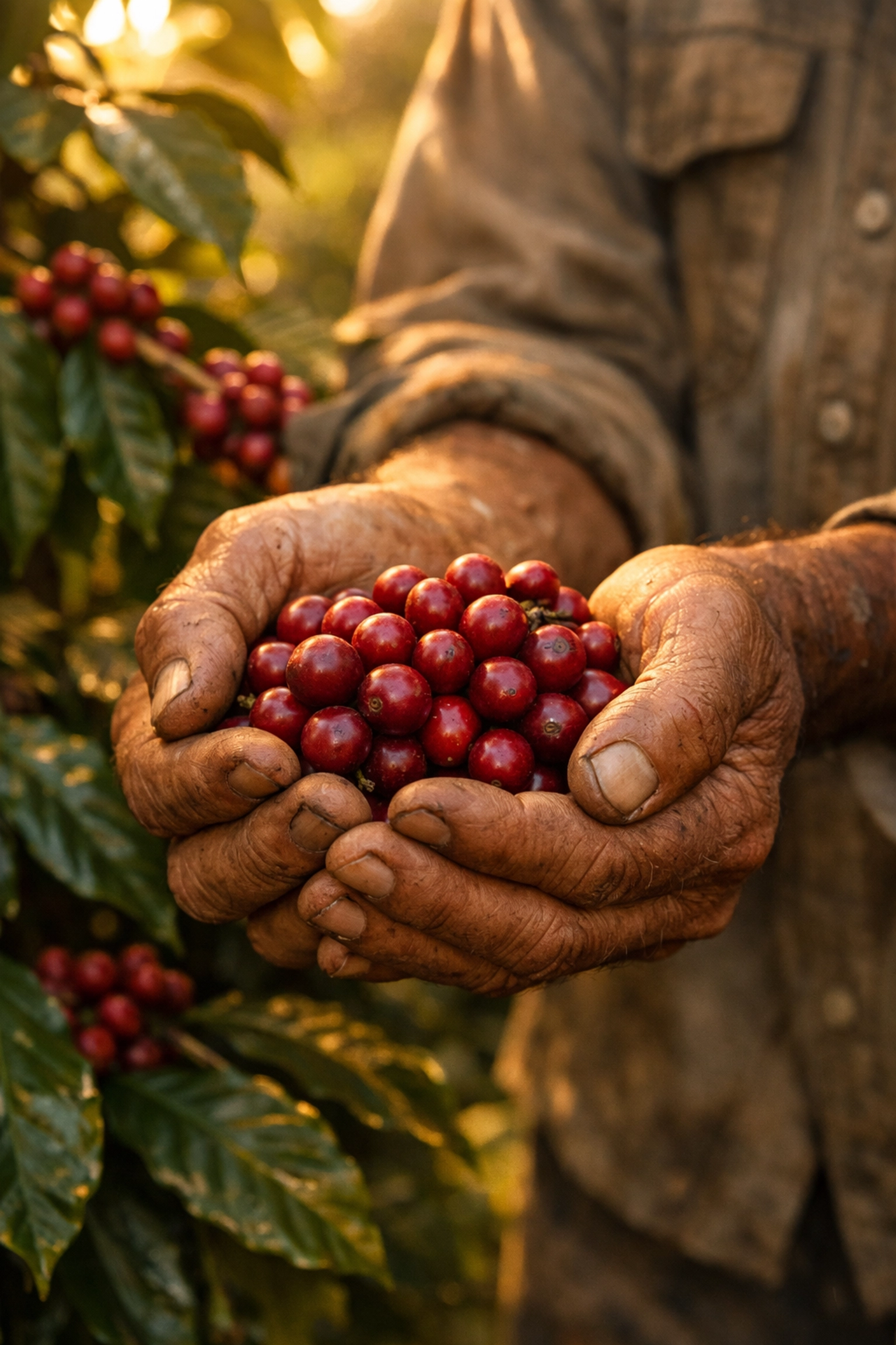 Sustainable coffee sourcing showing hands holding ripe coffee cherries at a high-quality coffee farm.
