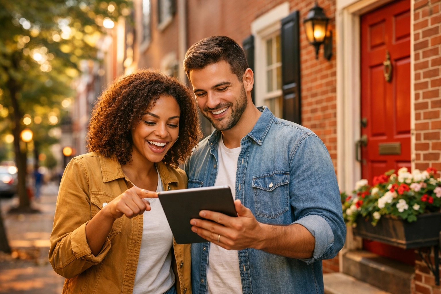 Homebuyers using tablet to search Philadelphia rowhomes with AI technology