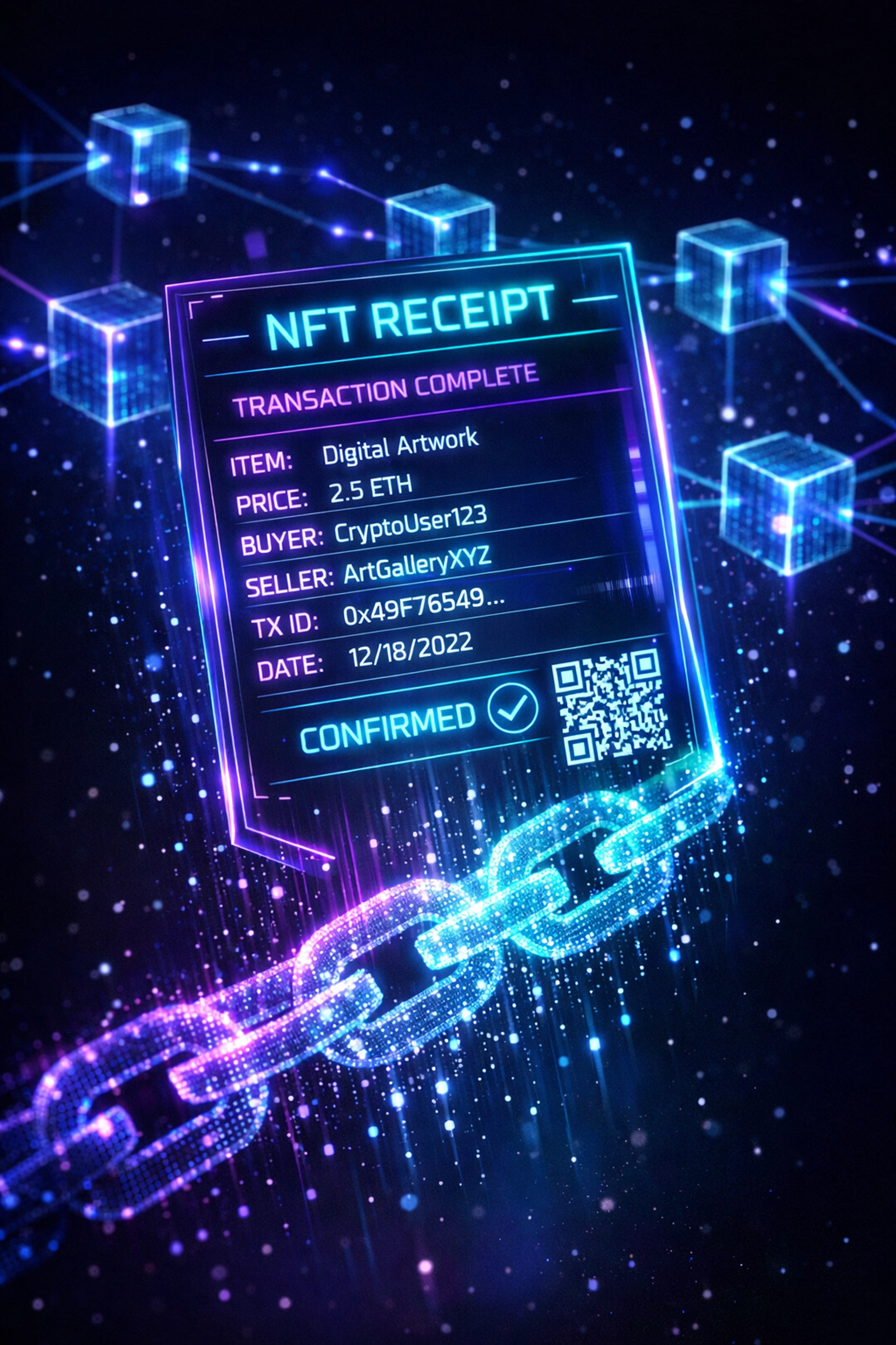 Digital NFT receipt with blockchain verification showing secure crypto payment transaction records