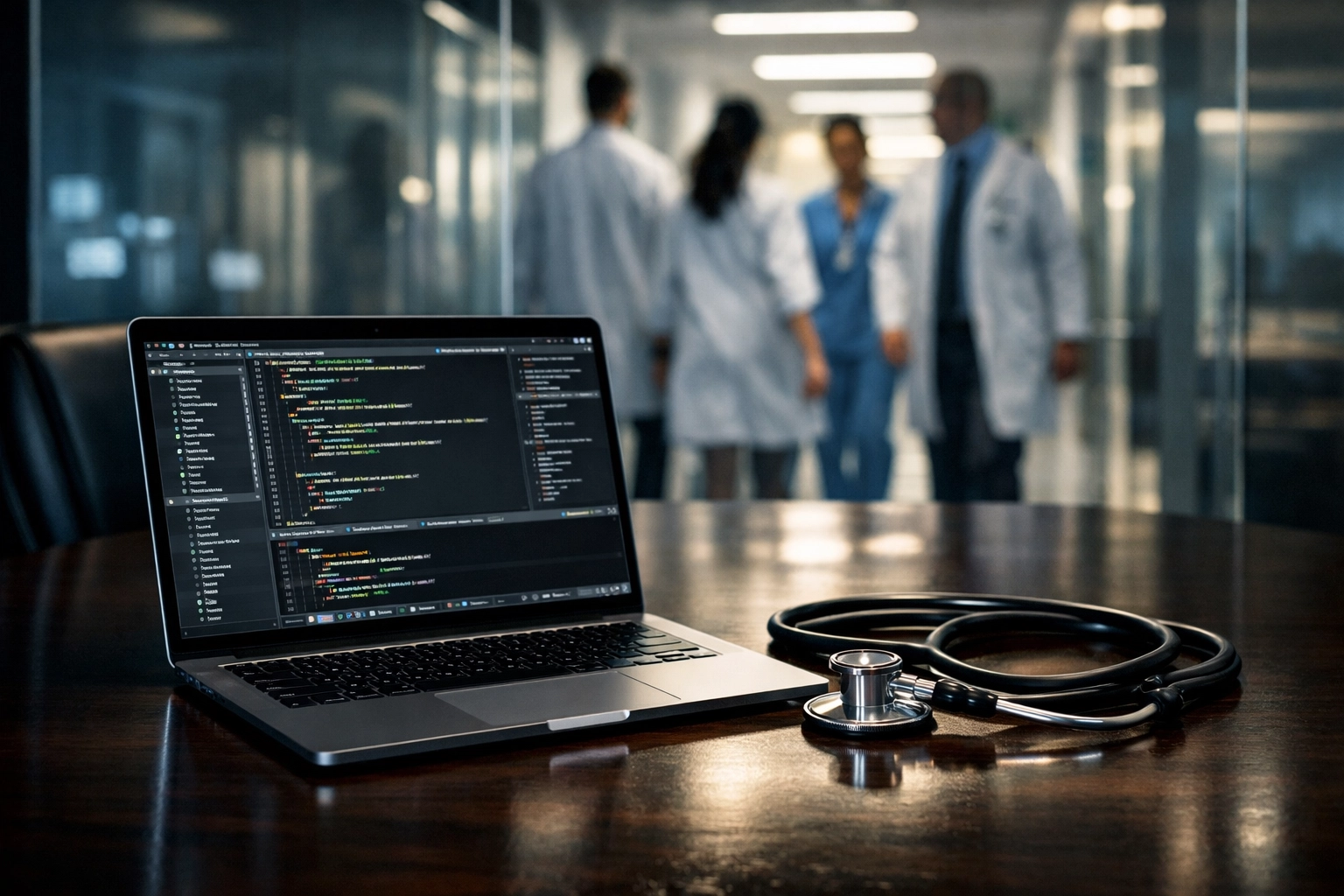 Laptop with software code next to a stethoscope in a hospital, illustrating the intersection of AI and clinical care.