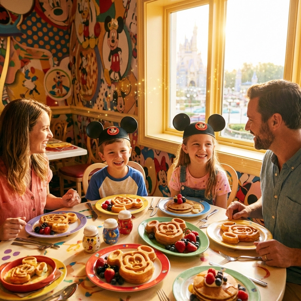 Happy family enjoys Disney dining with Mickey-shaped waffles, fresh fruit, and excitement at a themed restaurant table.