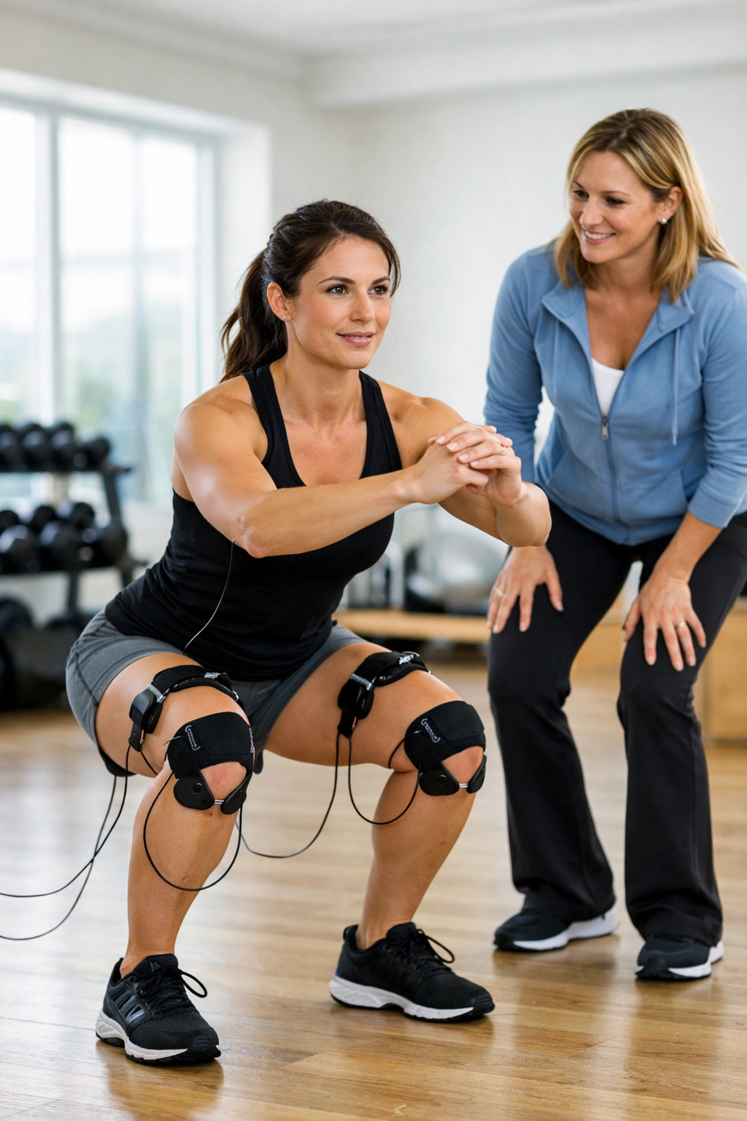 An athlete performing squats with ARP Wave electrodes to retrain muscle movement and increase range of motion.