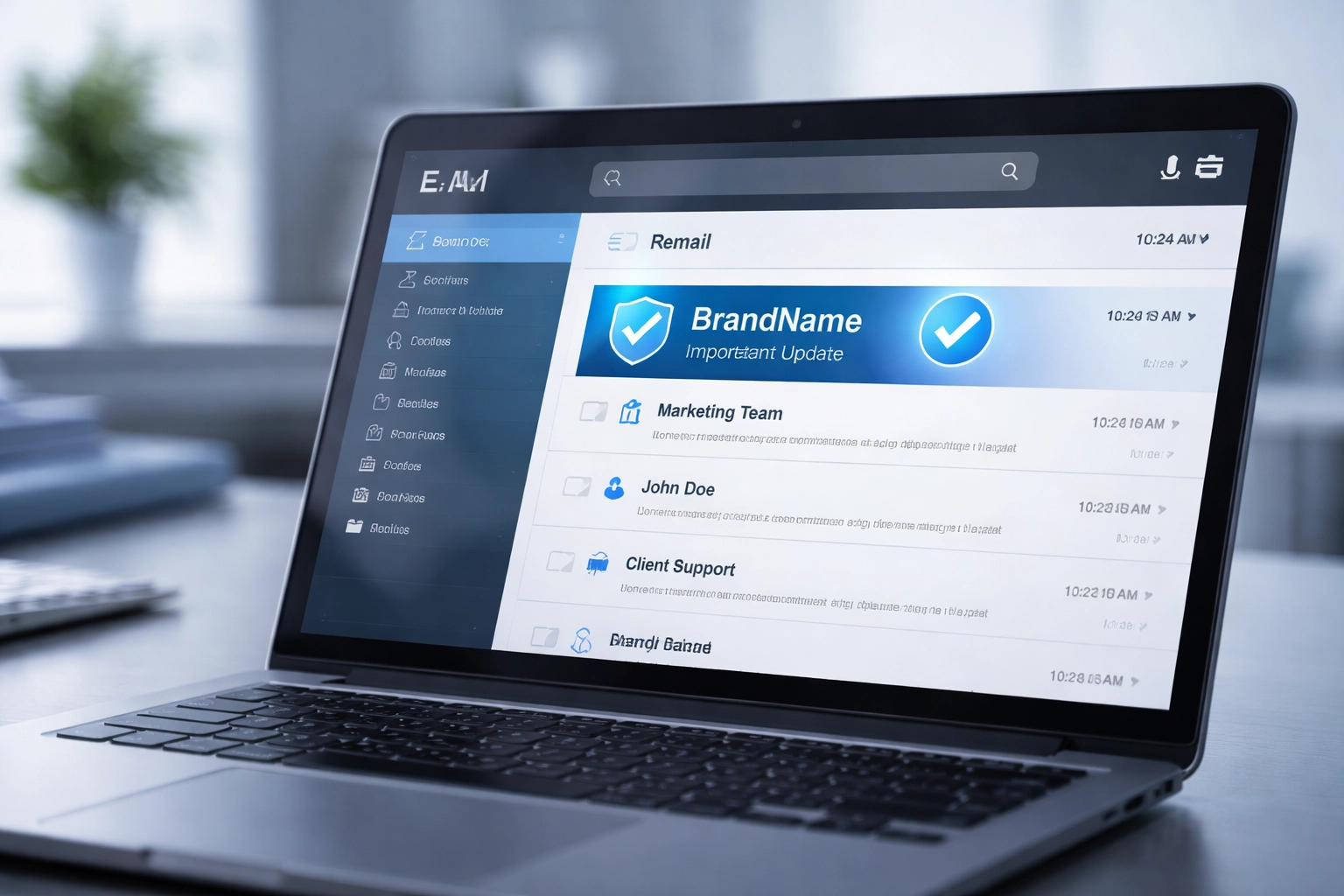 Close-up of a business email inbox on a laptop, showing a verified brand logo as a trust signal for legitimate emails.