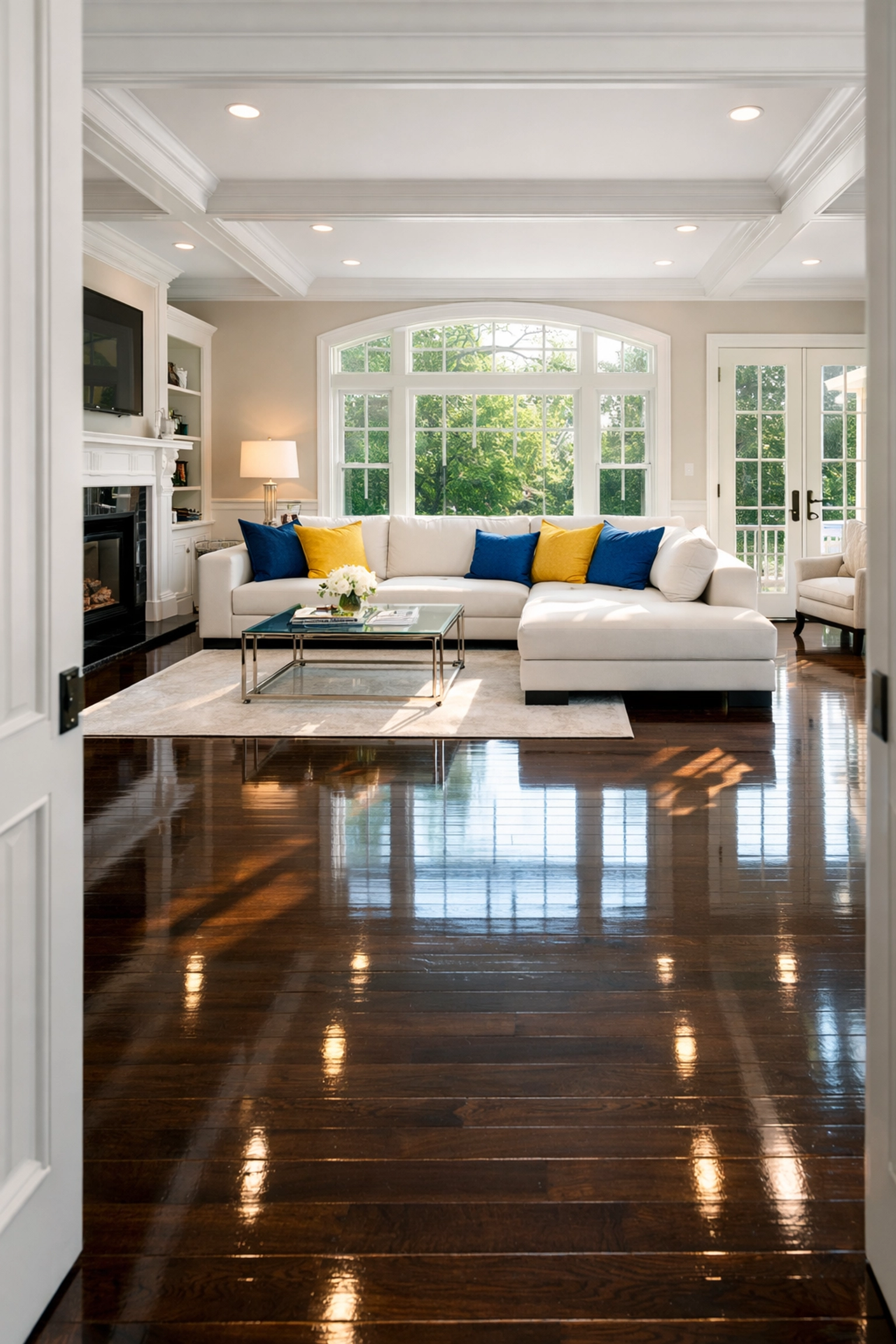 Professional residential cleaning in Leominster MA showing polished hardwood floors and tidy living room.