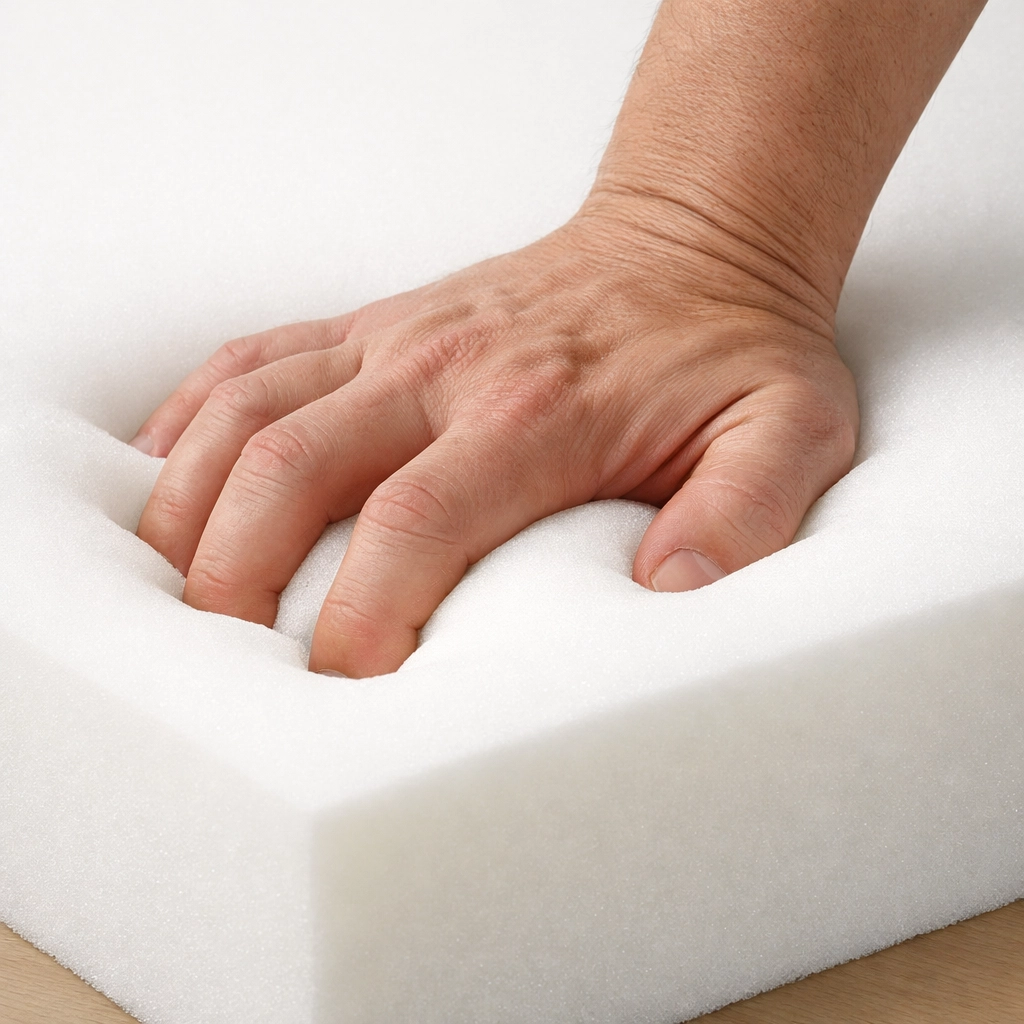 High-resiliency furniture foam being tested for durability and support at Stuff It Upholstery.