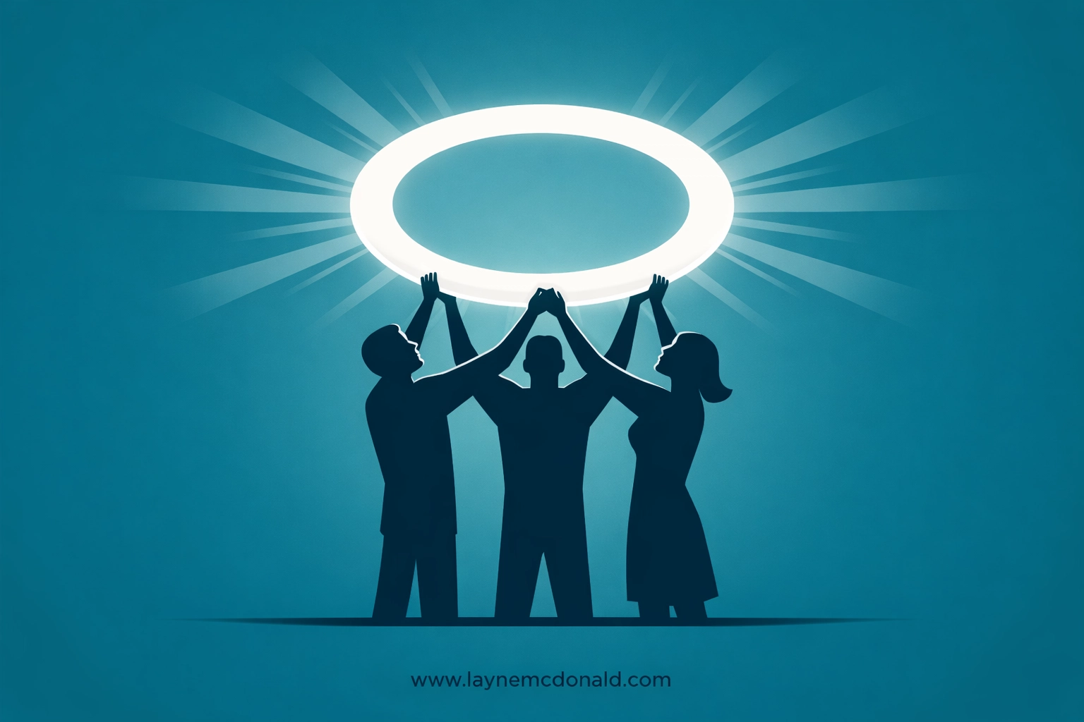 Silhouettes lifting a radiant ring, representing collaborative faith-integrated leadership in professional media.