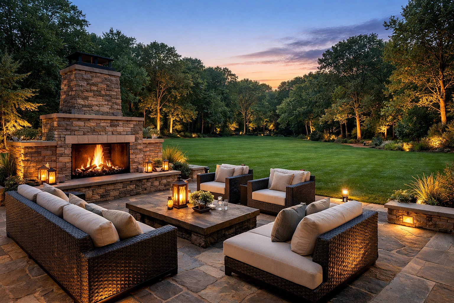Luxury outdoor living space in Waxhaw NC featuring a stone fireplace and private wooded backyard view.
