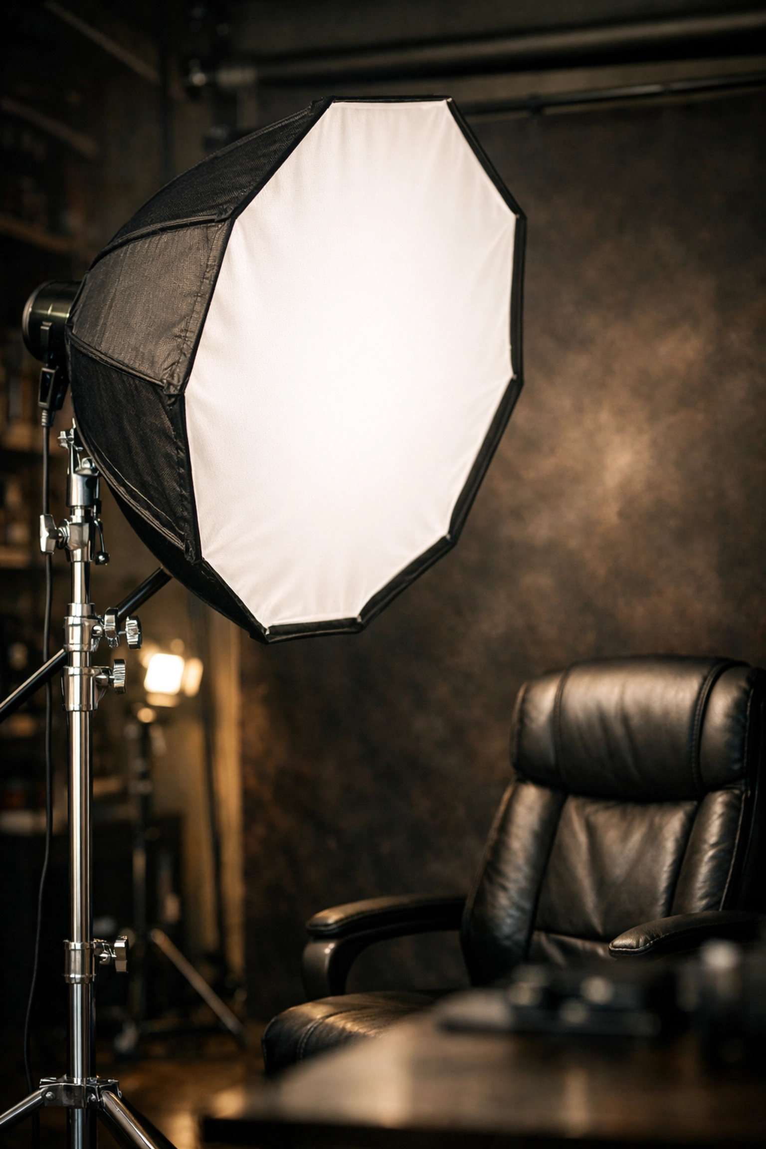 Professional Octabox key light setup for the best lighting for executive portraits in a studio.