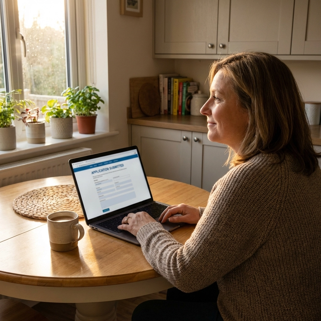Middle-aged woman completing an online life insurance application at home, representing no medical exam policies.