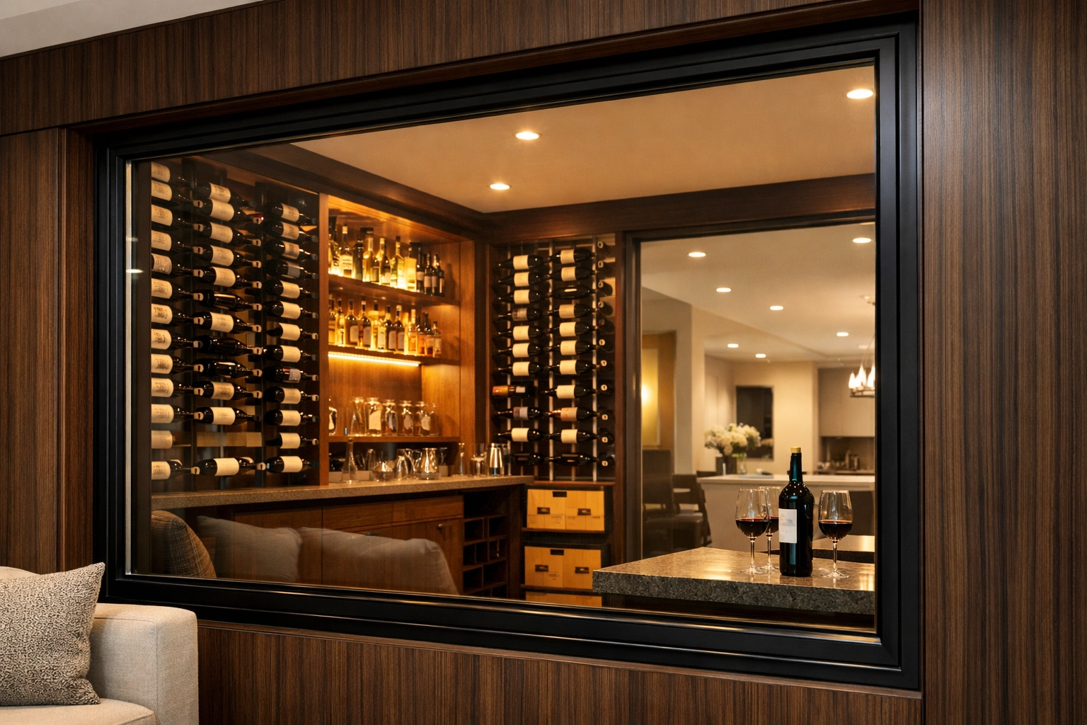 Energy-efficient glass window system for a climate-controlled wine room with dark wood custom framing.