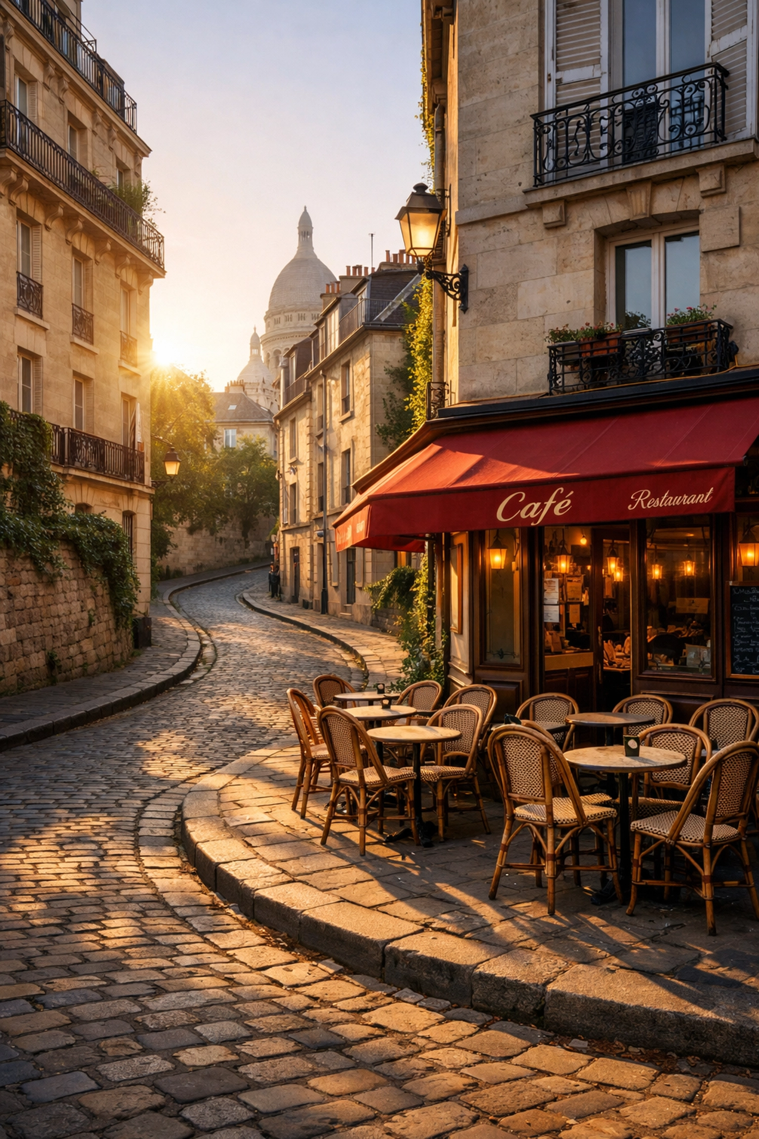 Peaceful cobblestone street in Montmartre, Paris, showcasing one of the best photography locations for golden hour.