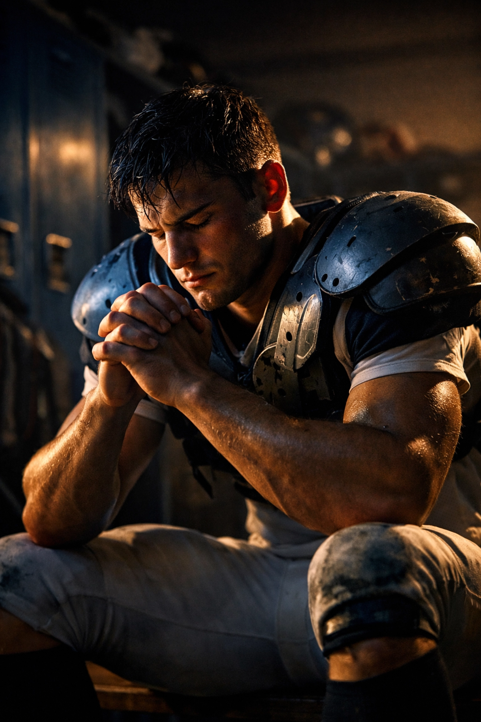 High school football player practicing mental visualization in locker room before game