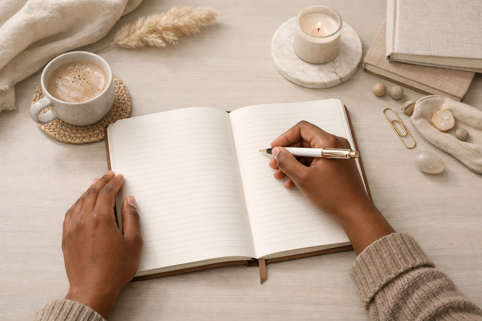 Overhead lifestyle photo of hands writing in an open journal with a pen