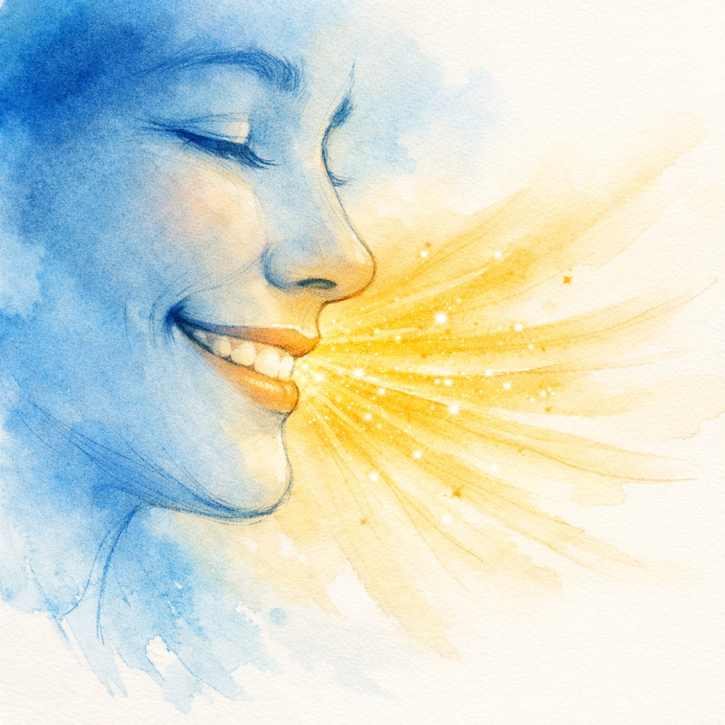 Warm smile radiating spiritual light representing church hospitality and divine love