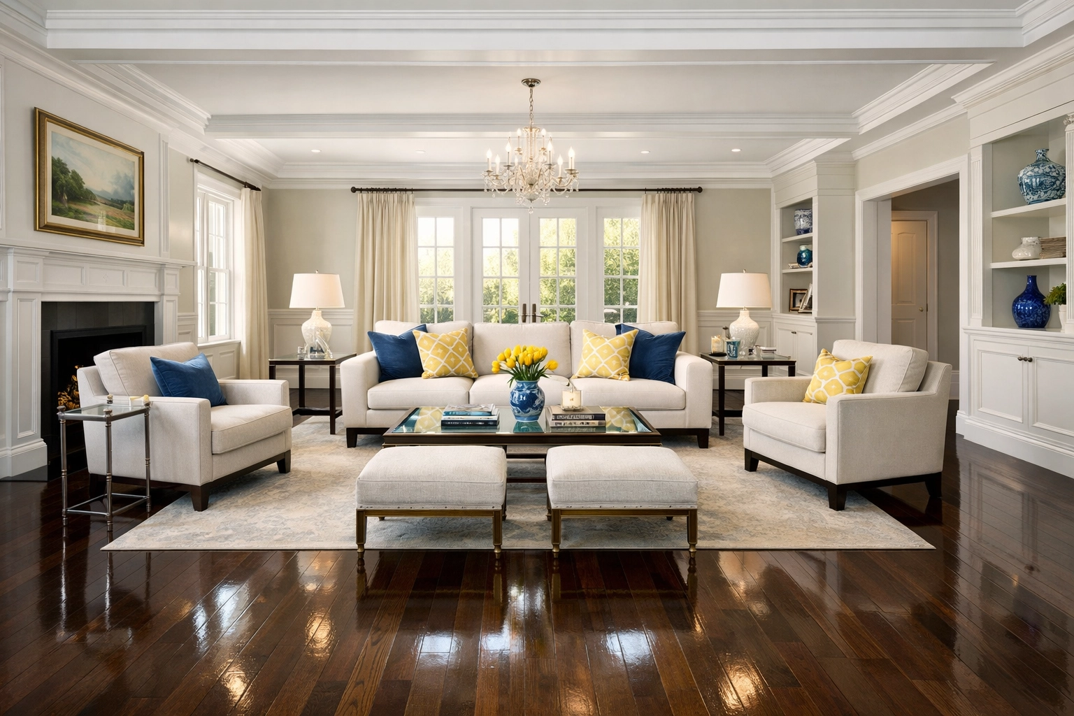 A pristine, spotless luxury living room in Wellesley after professional deep cleaning services.