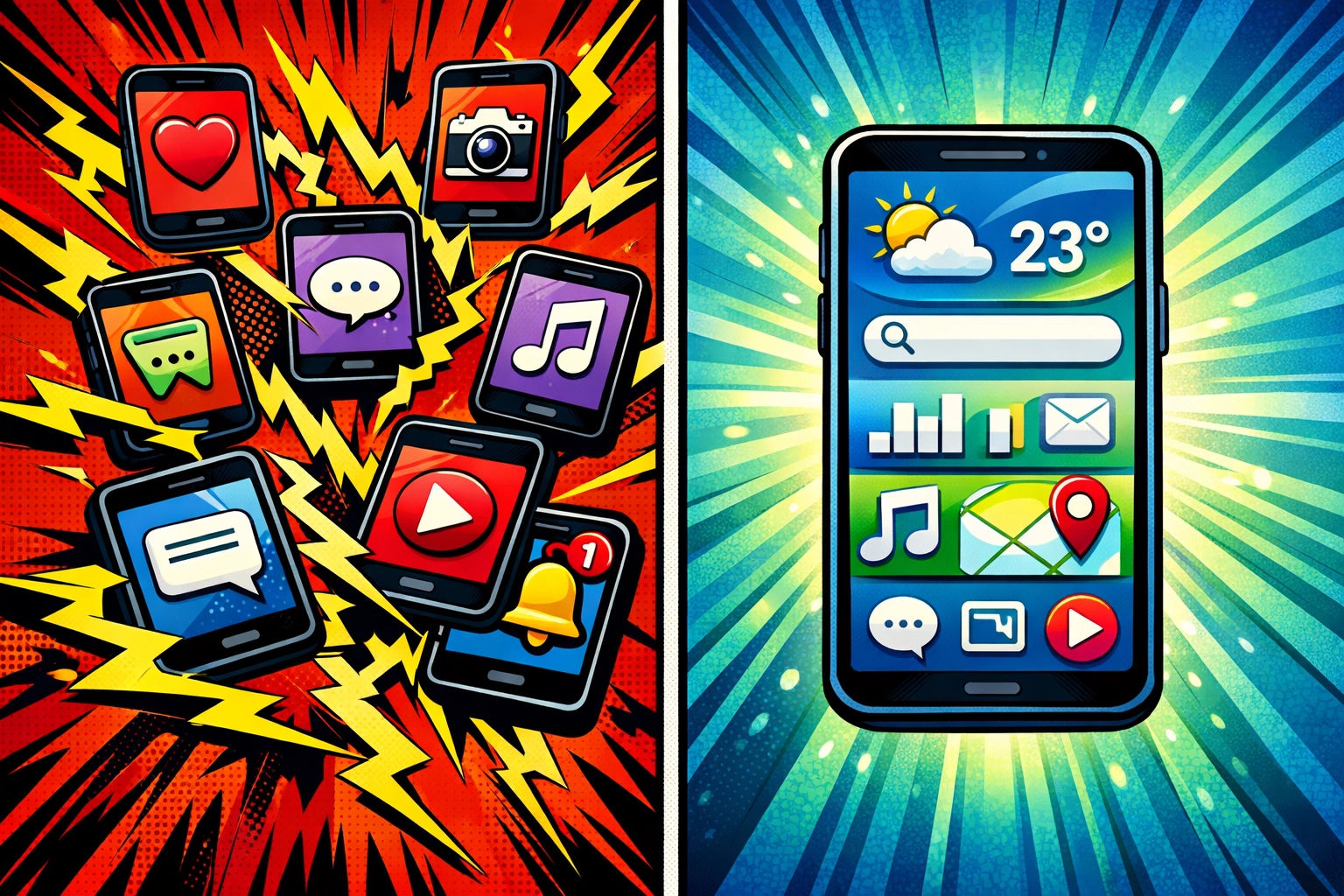 Split view comparing seven separate business tools versus one unified AI assistant platform