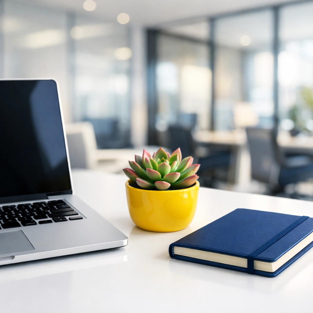 Sanitized and dust-free professional desk in a sunlit Acton office space.