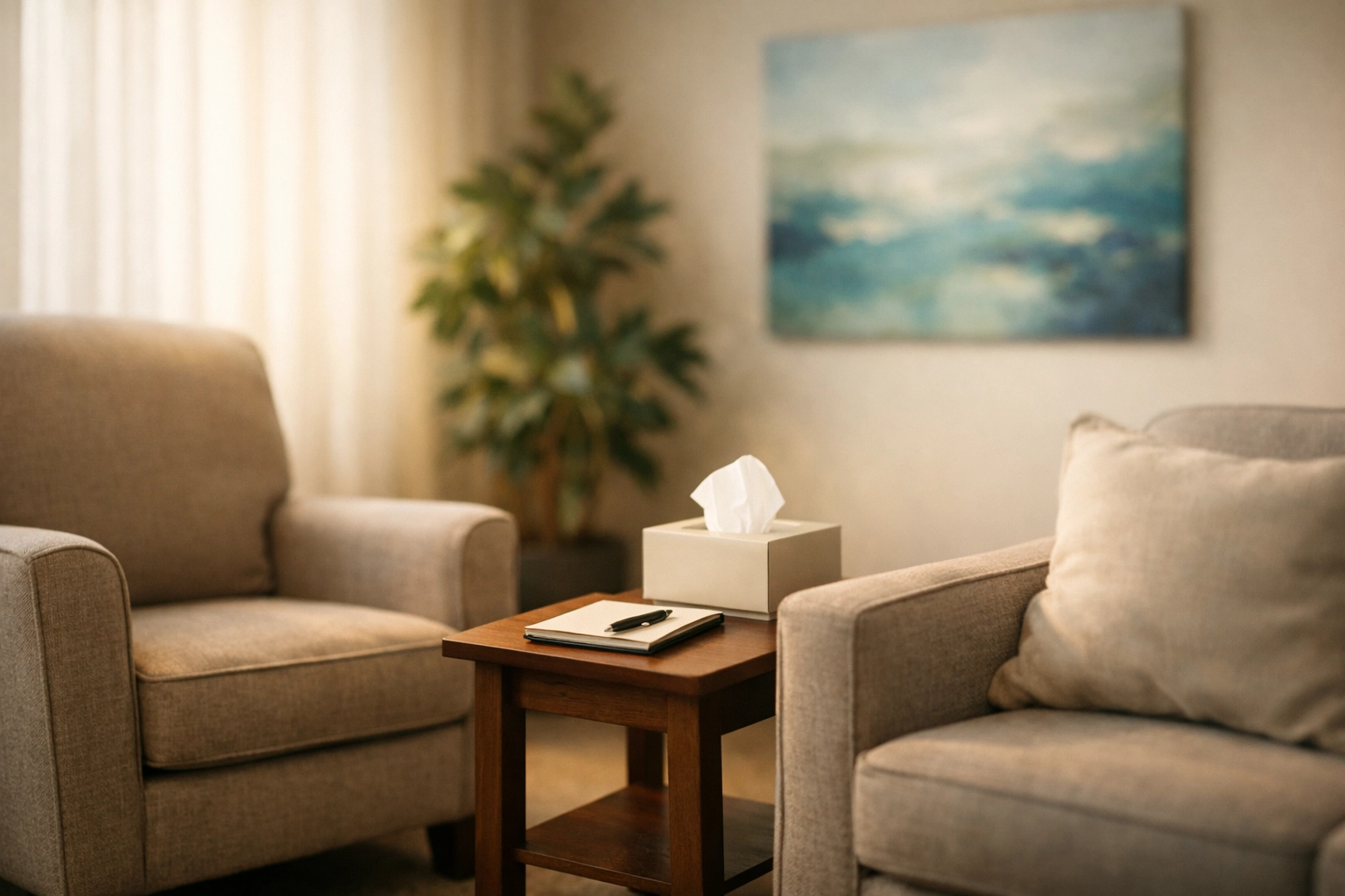 Peaceful therapy office with comfortable seating for behavioral health sessions