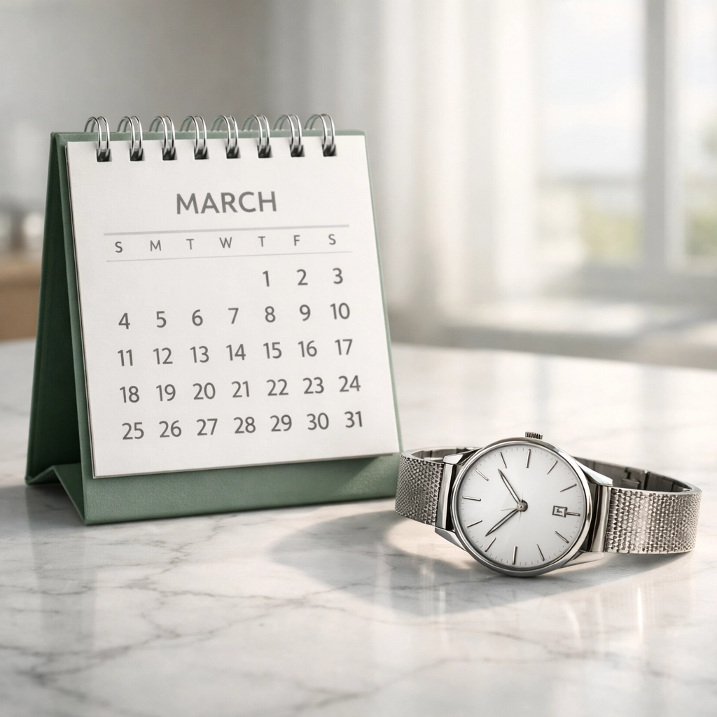 Desk calendar and watch signifying 1099-DA digital asset reporting deadlines for tax pros.