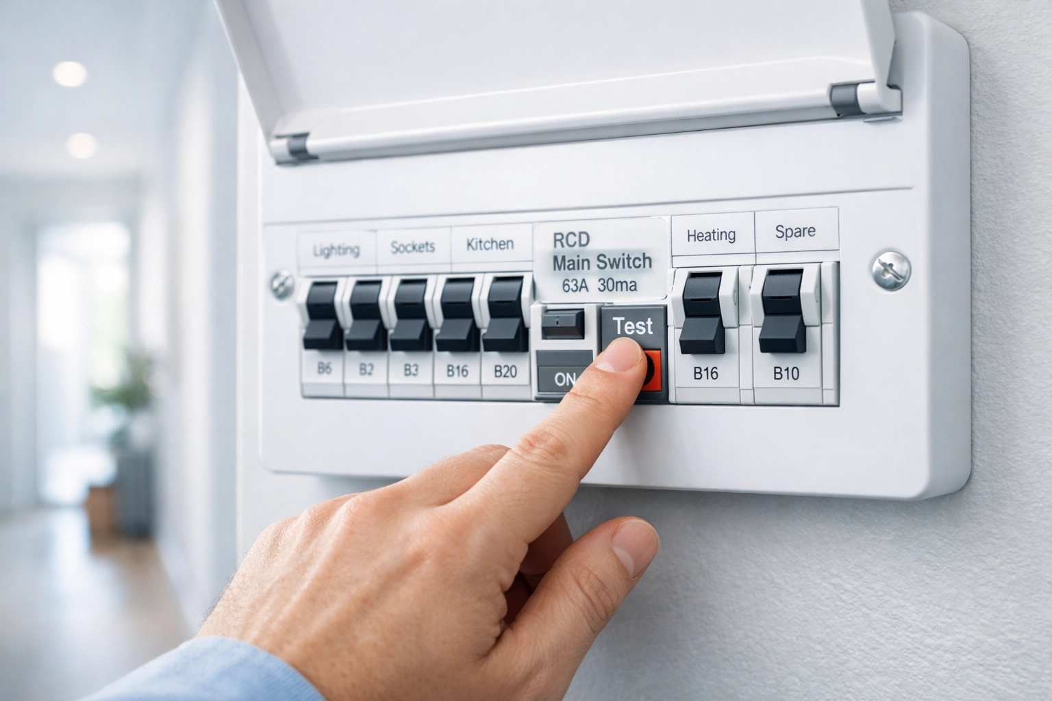 Hand testing an RCD switch on a modern consumer unit for electrical safety in Bournemouth.