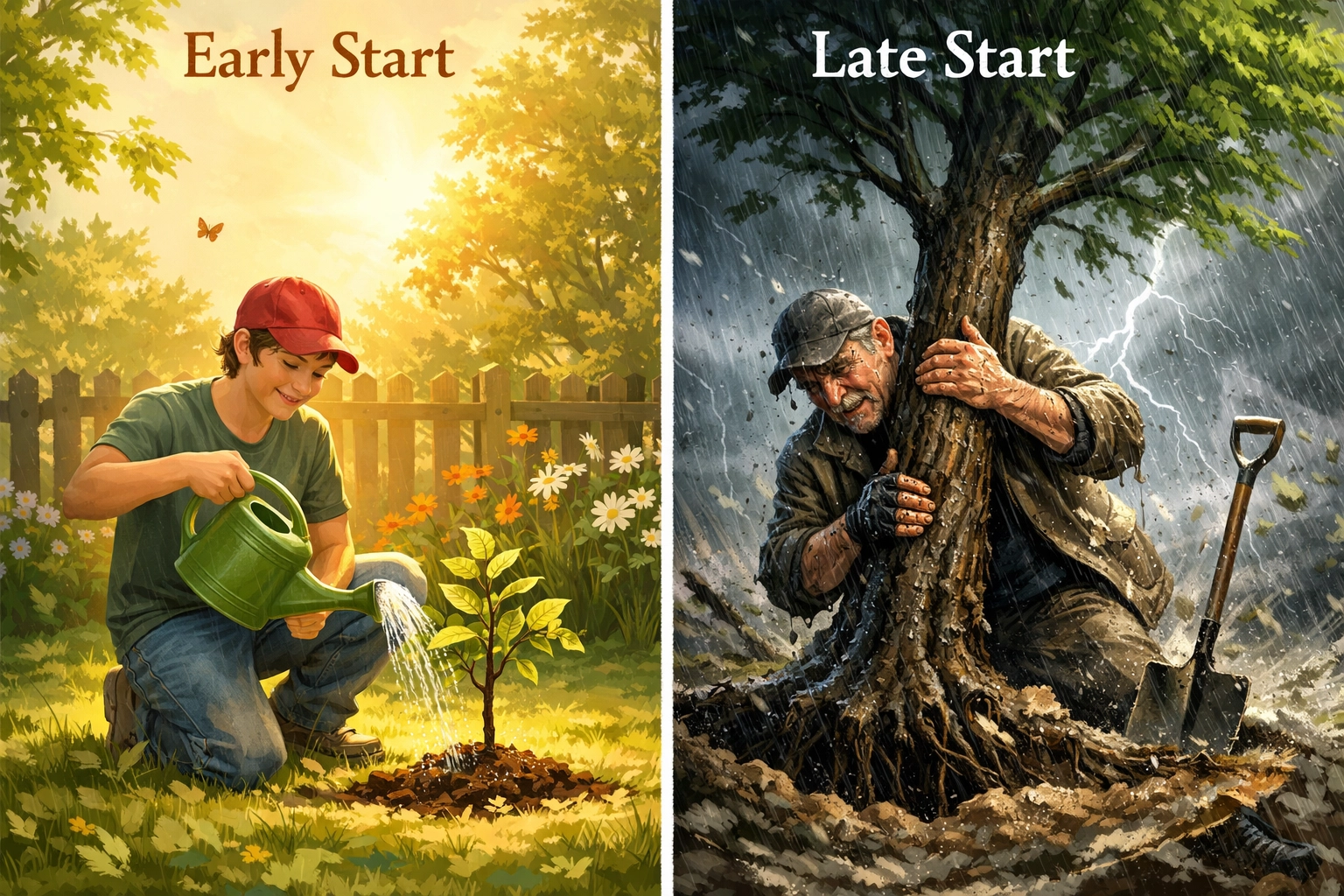 Visual comparison showing the benefit of starting to invest early versus the struggle of waiting.