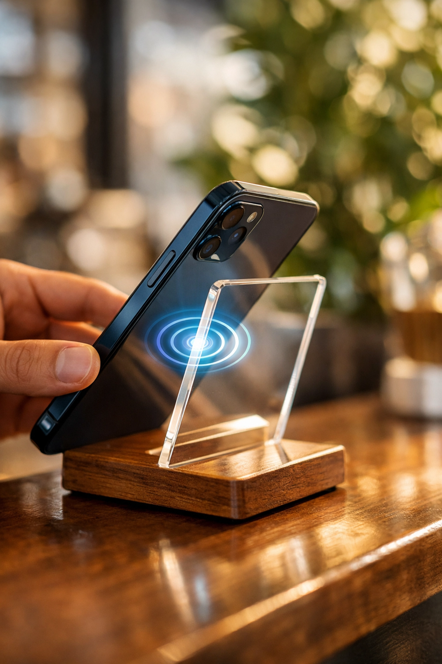 A customer tapping a smartphone on a modern NFC review stand at a boutique checkout counter.