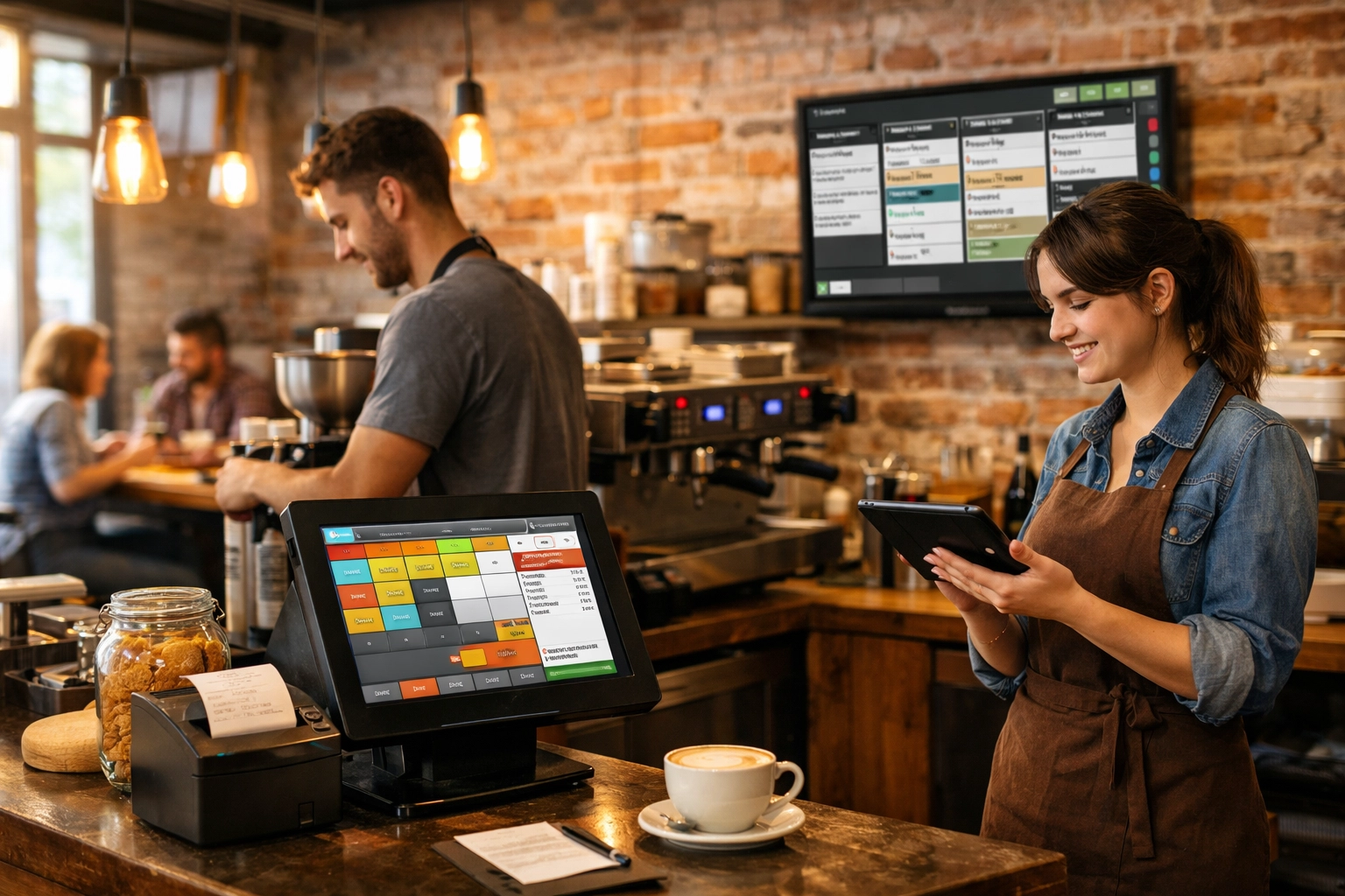 Café using restaurant POS system with kitchen display screen during busy service