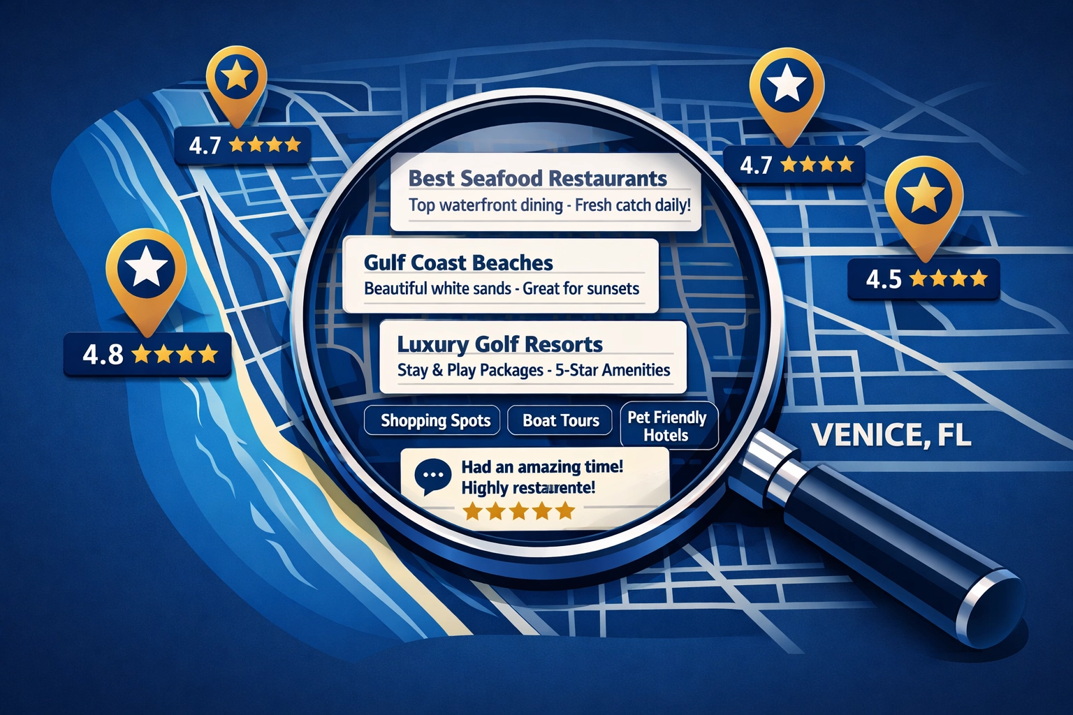 Venice Florida local search map with star ratings and SEO location markers
