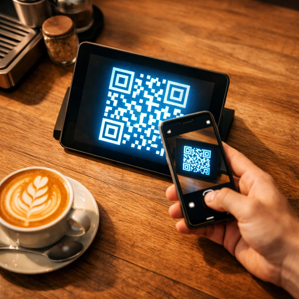 Customer scanning QR code crypto payment with smartphone at coffee shop merchant counter