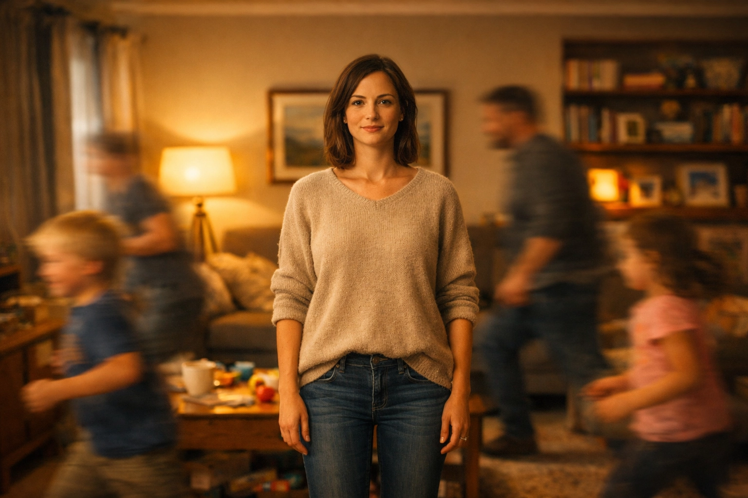 A calm, centered woman in a cozy home environment, demonstrating the pour-over effect of holistic wellness.