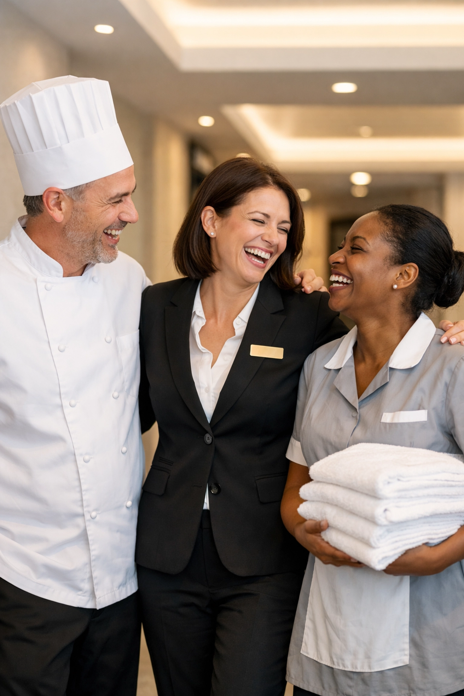 A diverse hotel team smiling together, representing employee satisfaction and hospitality service quality.