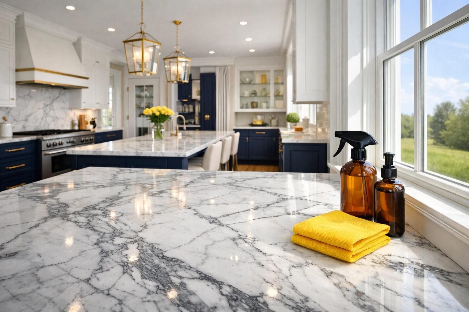 Luxury Dover kitchen featuring spotless marble countertops and eco-friendly residential cleaning Massachusetts products.
