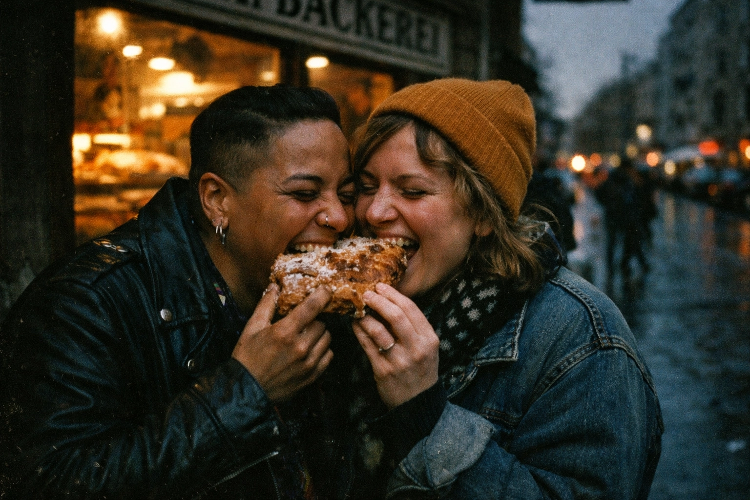 A couple sharing a rustic pastry outside one of the many vibrant Neukölln bakeries at dusk.