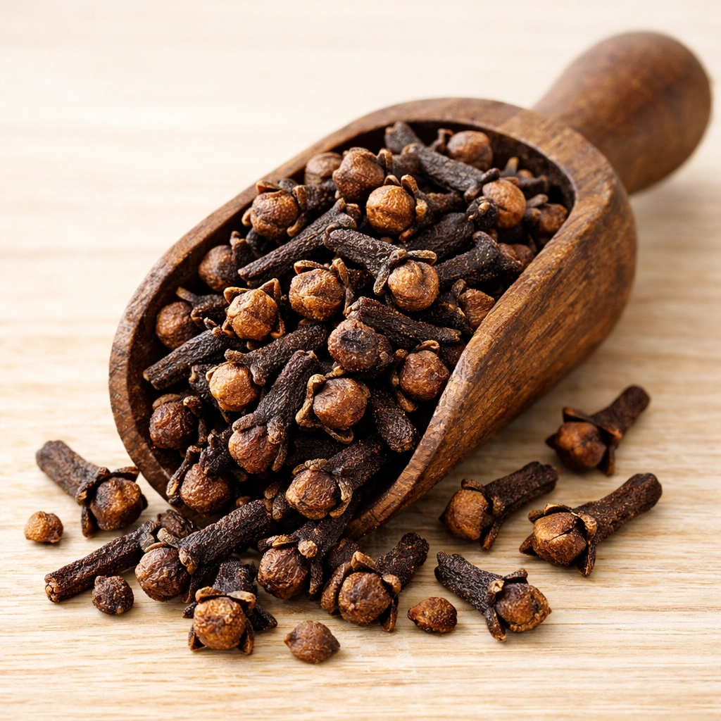 بذور القرنفل الأصلية عالية الجودة في ملعقة خشبية لفوائد الصحة والعافية