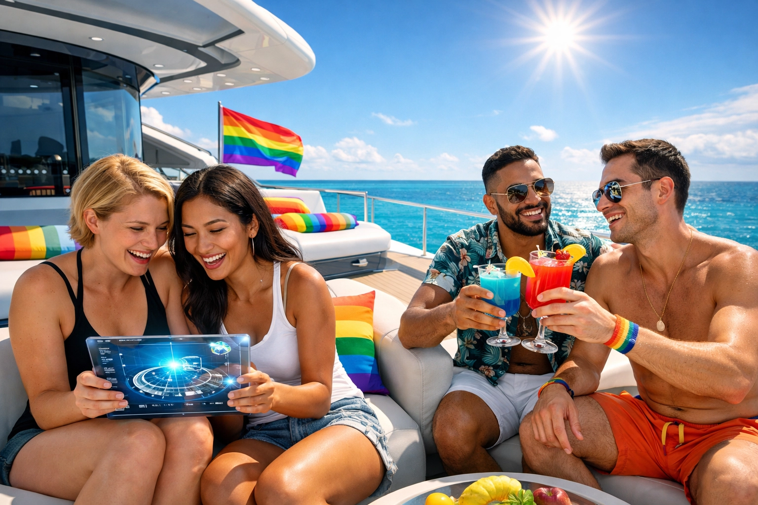 Diverse LGBTQ+ friends enjoying a luxury yacht cruise, a modern setting for contemporary gay romance stories.