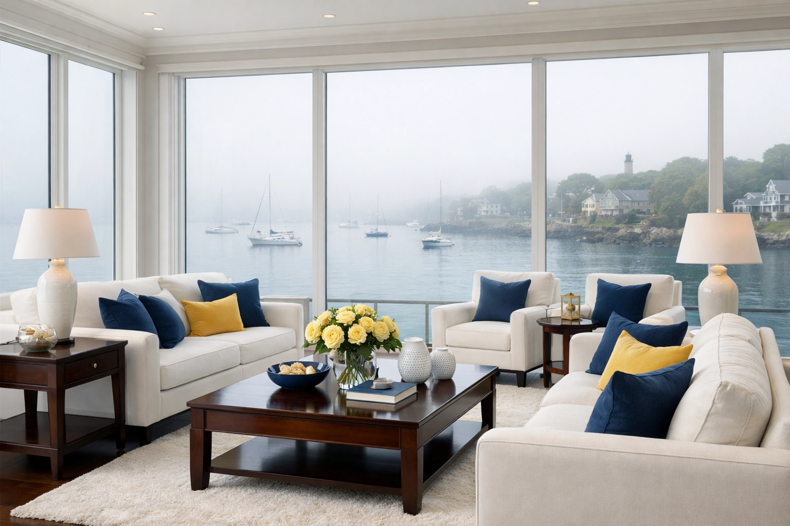 Harbor-front living room with Marblehead luxury house cleaning to protect against coastal salt air.
