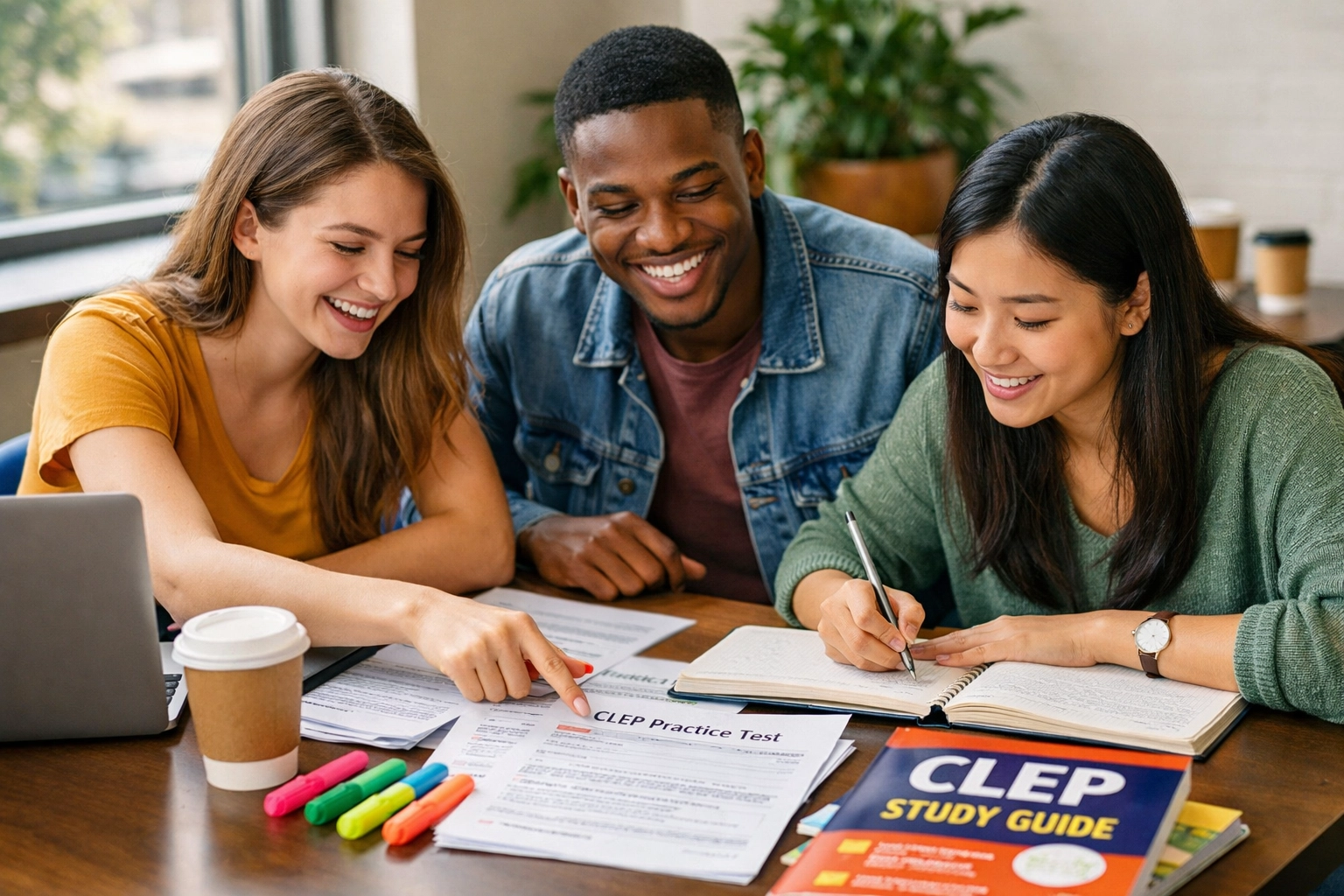 College students collaborating on CLEP test preparation with study materials (1x1, center safe zone)