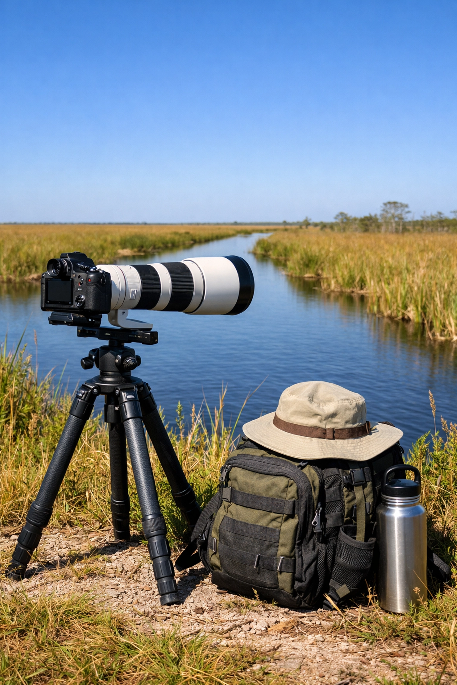 Professional photography gear and telephoto lens set up for wildlife shots in Big Cypress National Preserve.