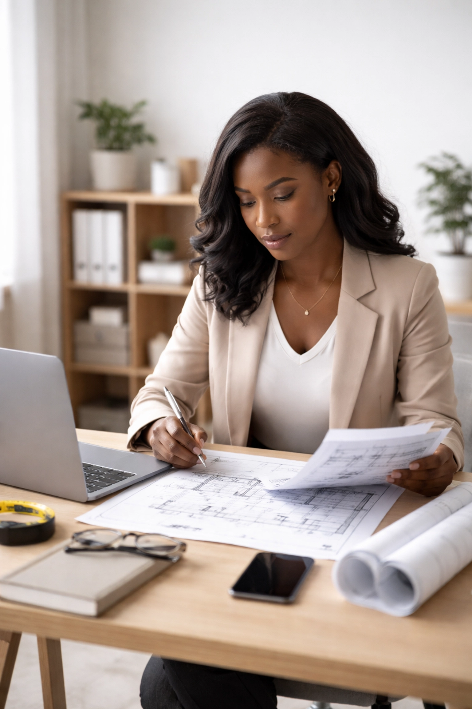 Chartered surveyor reviewing survey reports and architectural plans in office