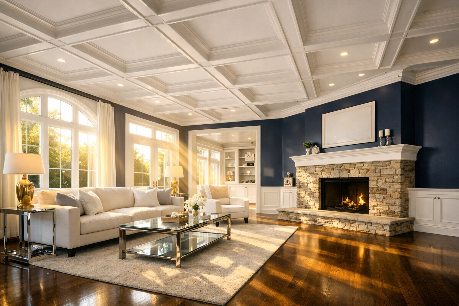 A spotless, sunlit Hudson living room after a successful professional post-construction cleaning.