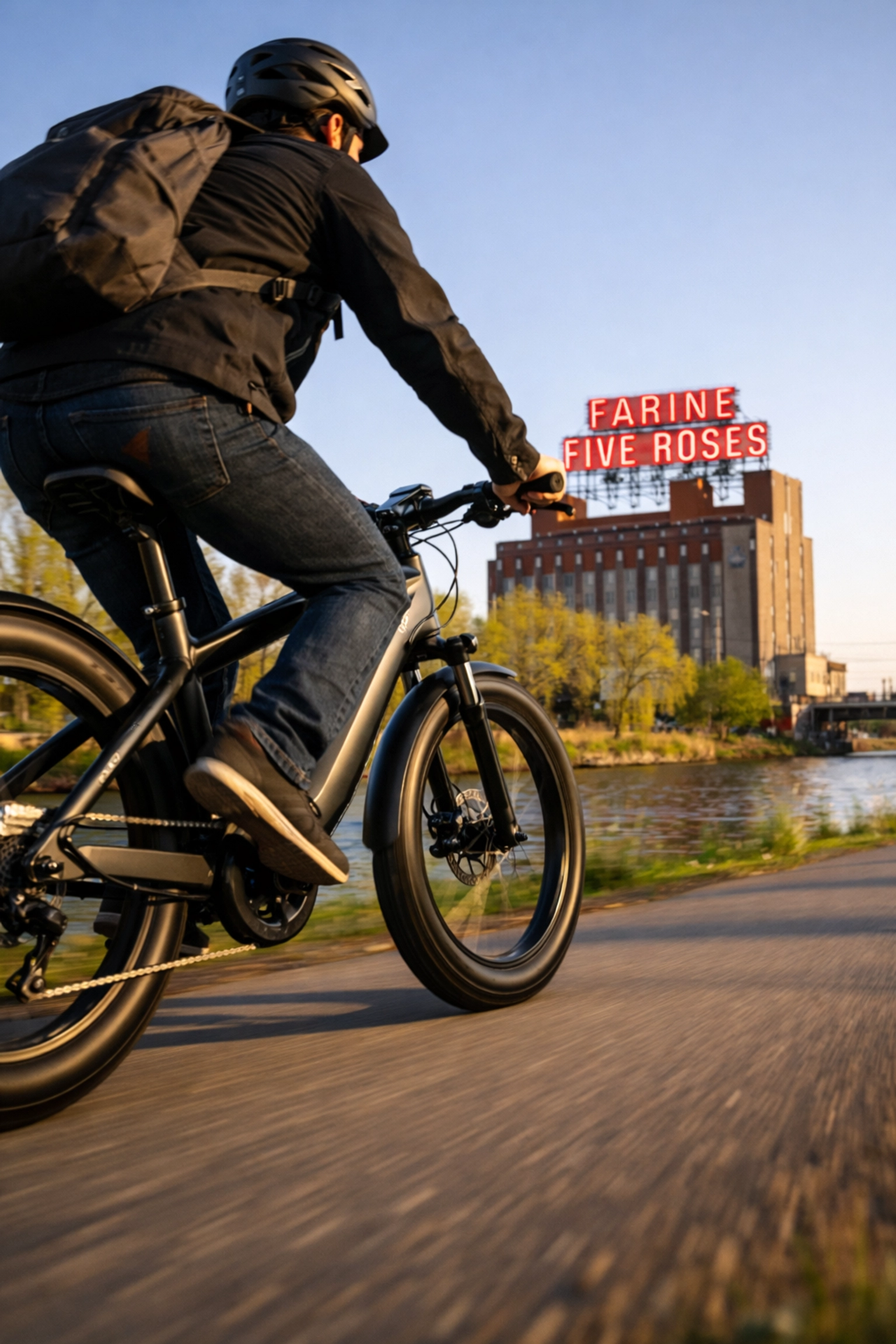 Cyclist riding an electric bike along Montreal’s Lachine Canal with the iconic Farine Five Roses sign.