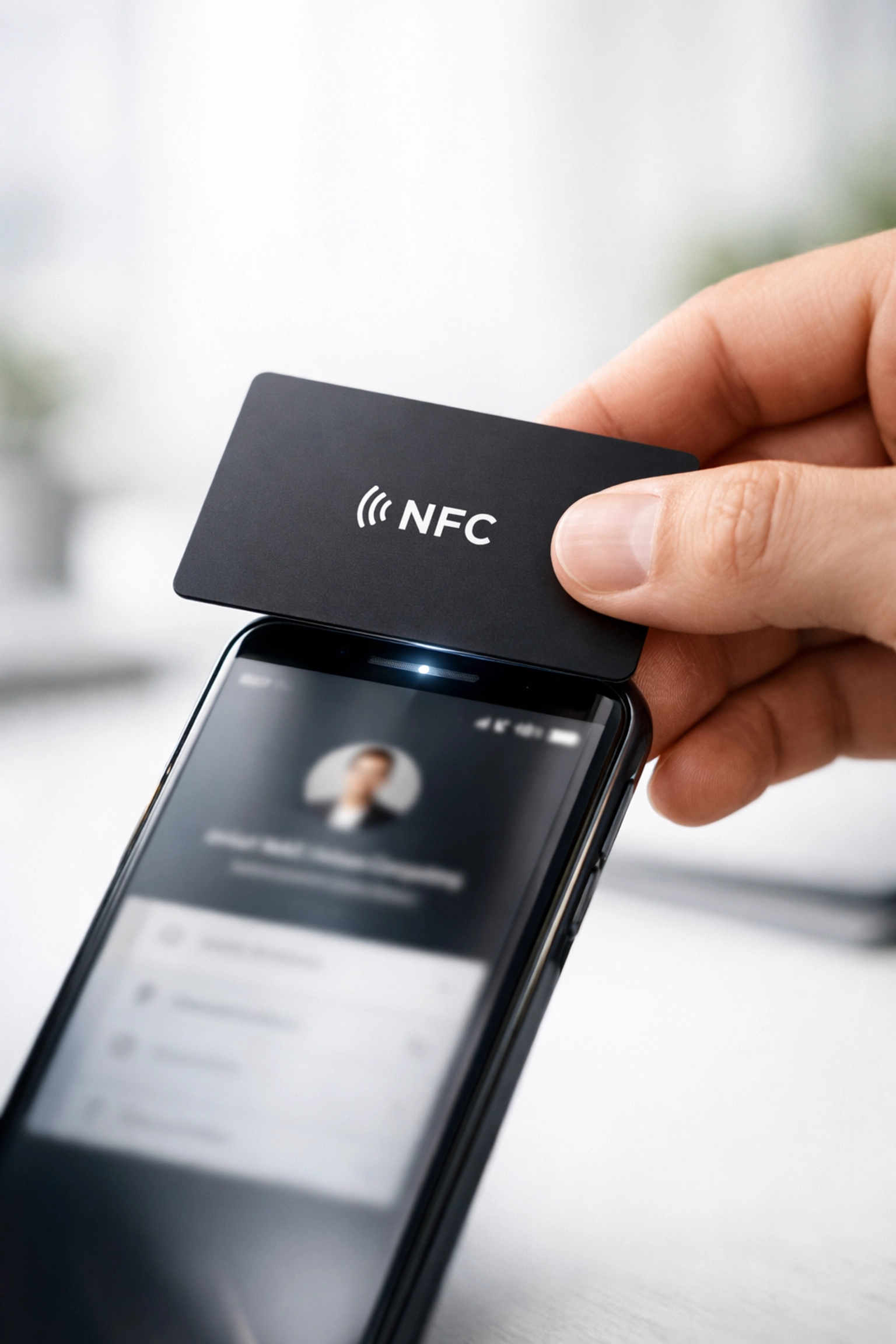 Hand tapping a black NFC digital business card against a smartphone to share contact details instantly.