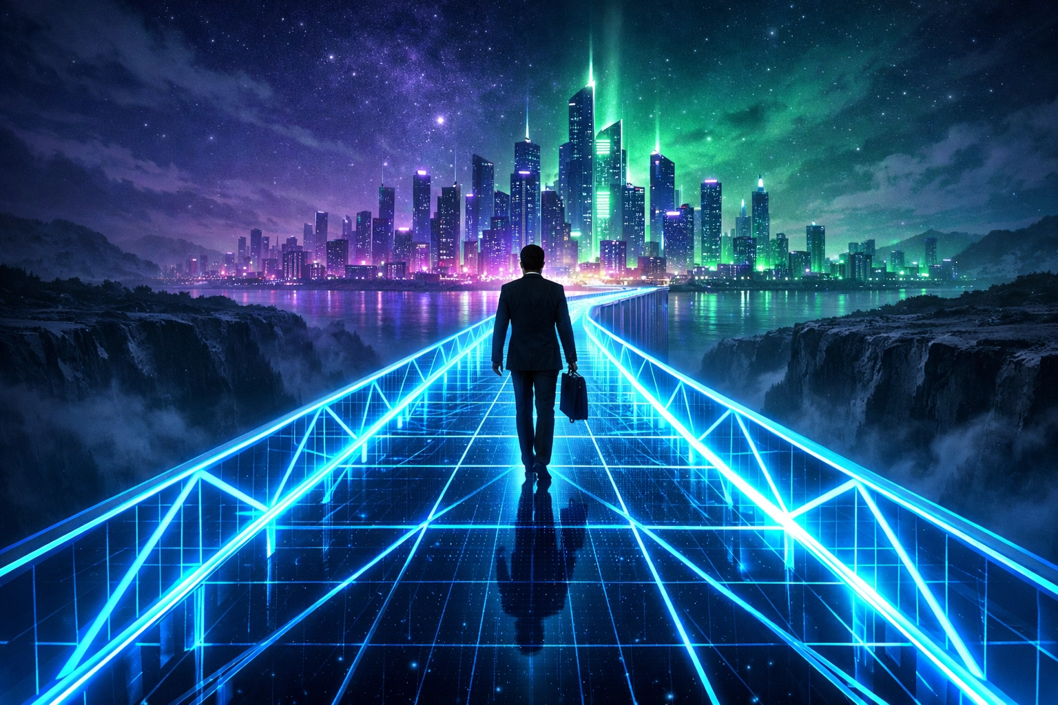 A digital bridge connecting a student to a career in a futuristic city, closing the campus-to-career gap.
